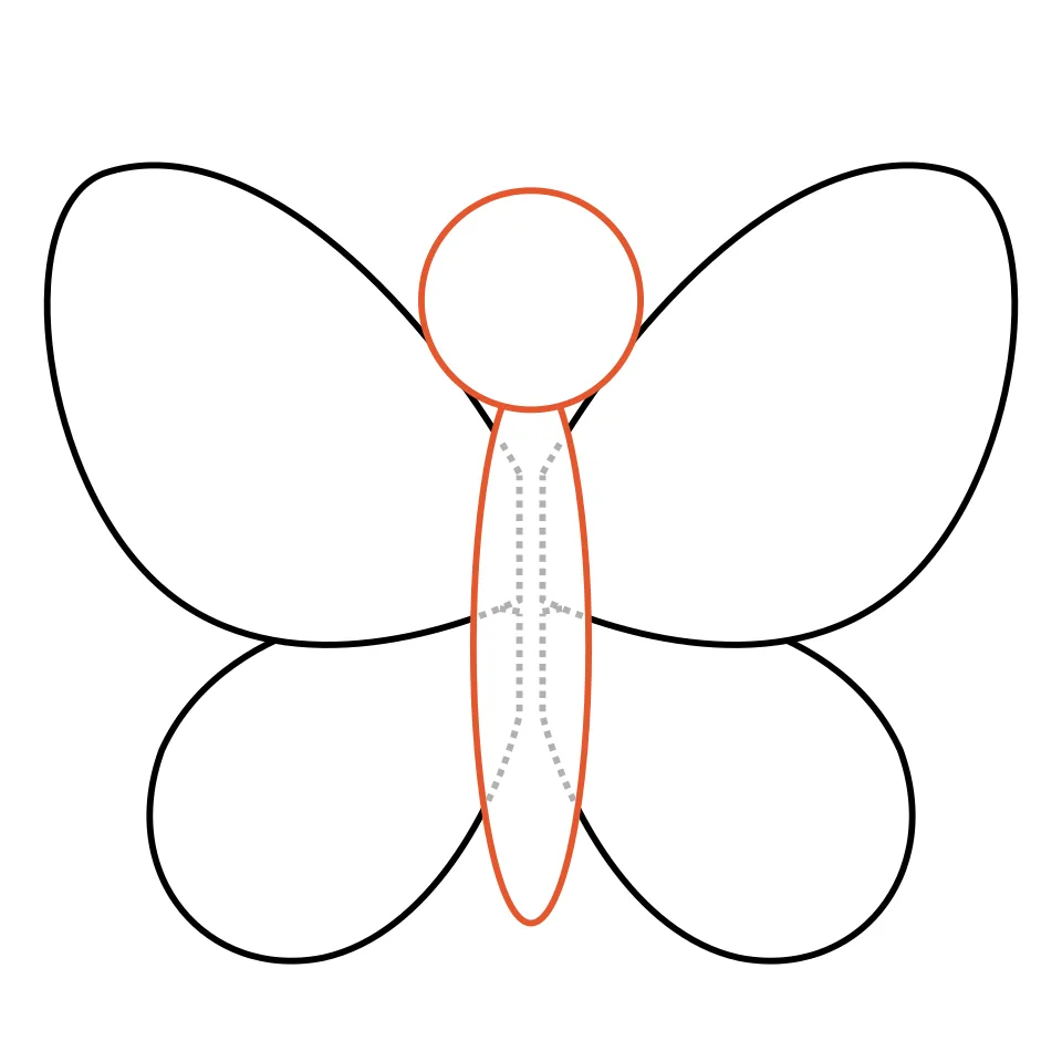 How to draw a butterfly, step 3: Draw a long oval body and a round head.