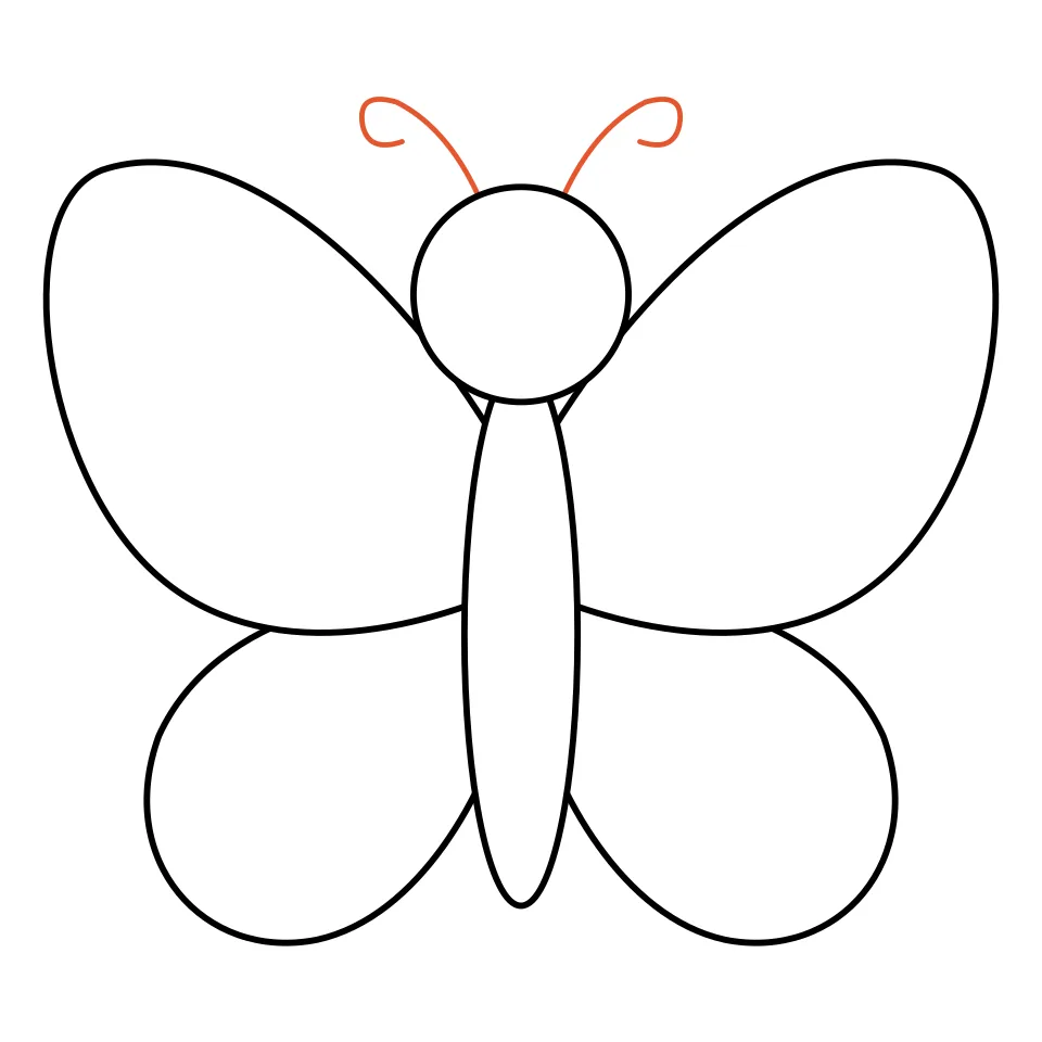 How to draw a butterfly, step 4: Add two curly antennae on top.