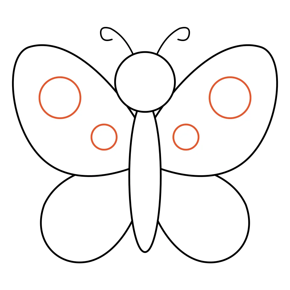 How to draw a butterfly, step 5: Put two spots on each upper wing.