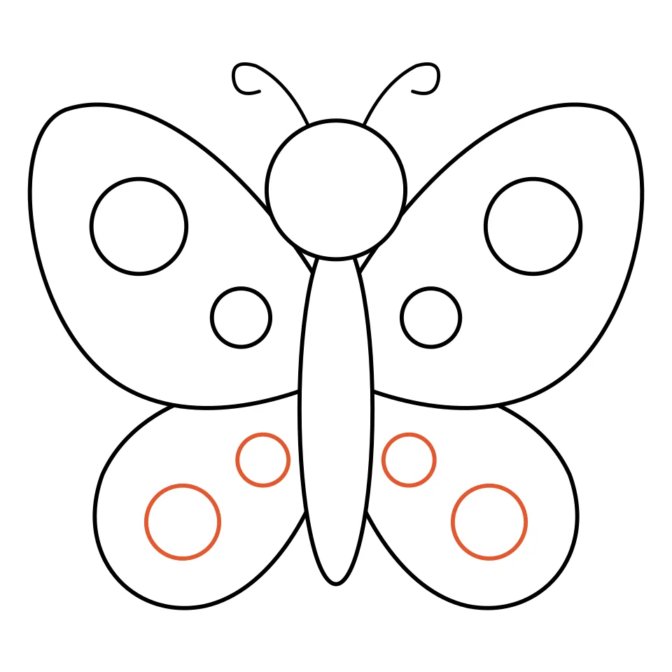 How to draw a butterfly, step 6: Put two spots on each lower wing.