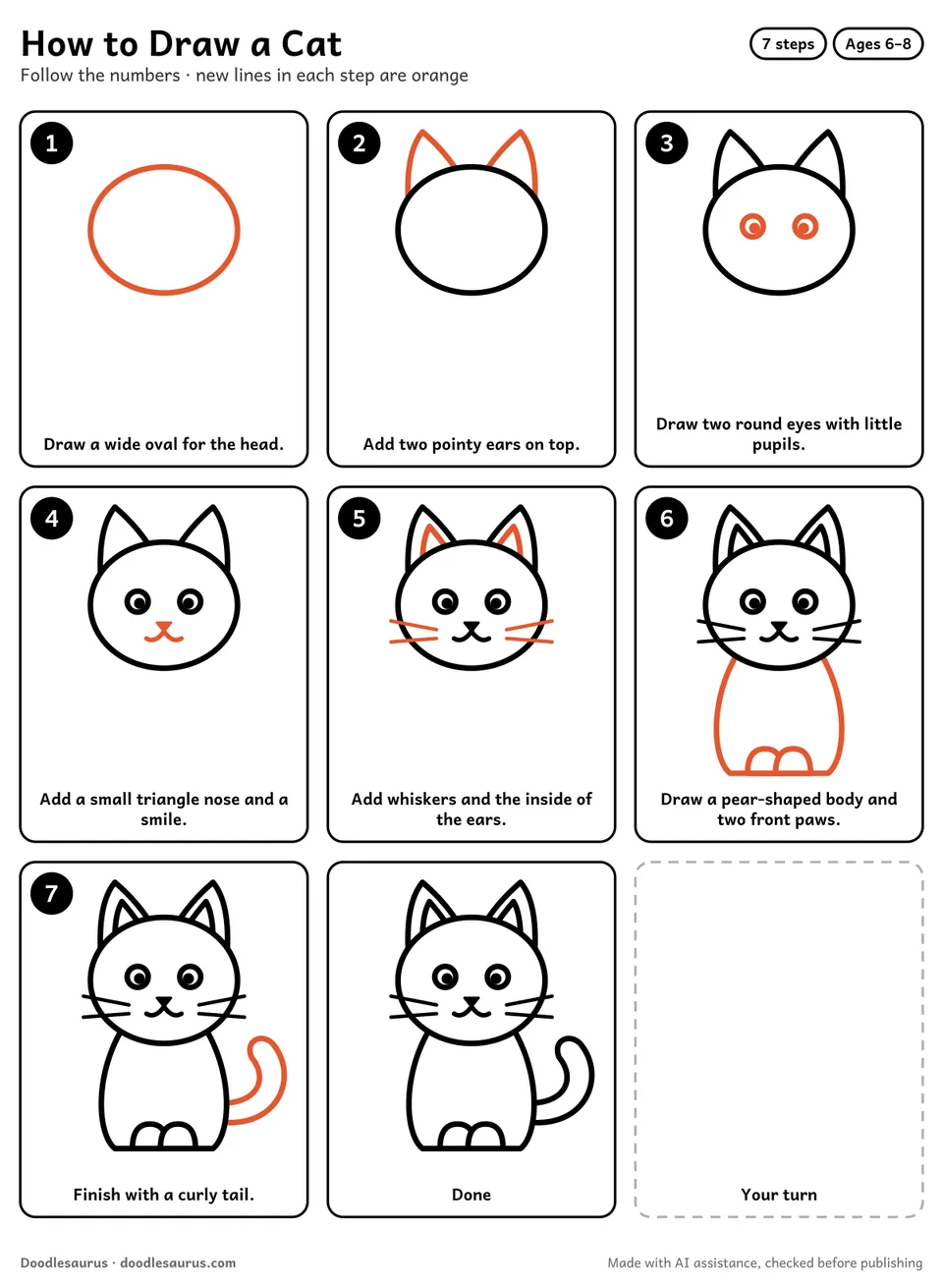 Step-by-step guide to drawing a cat in 7 easy steps. Step 1: Draw a wide oval for the head. Each later step adds new lines in orange.