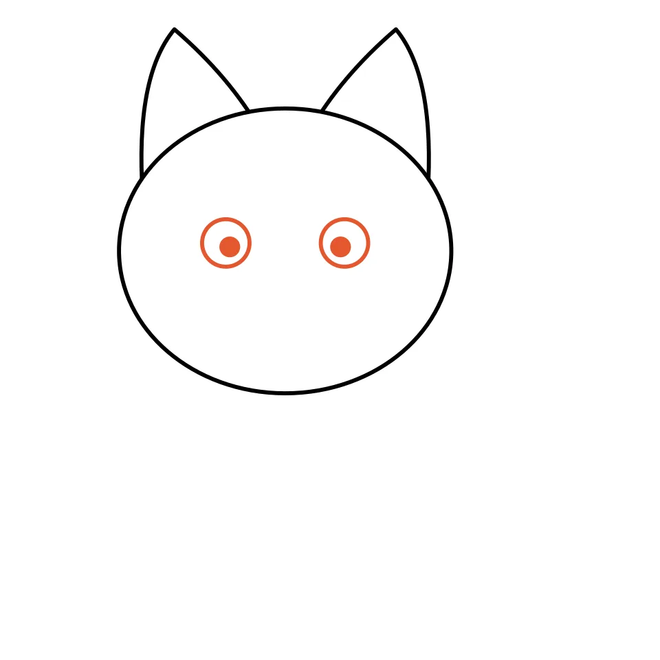 How to draw a cat, step 3: Draw two round eyes with little pupils.