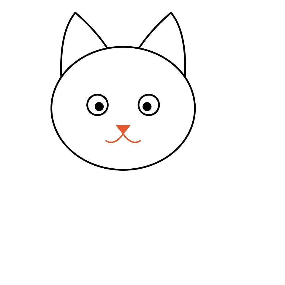 How to draw a cat, step 4: Add a small triangle nose and a smile.