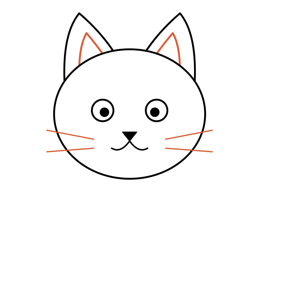 How to draw a cat, step 5: Add whiskers and the inside of the ears.