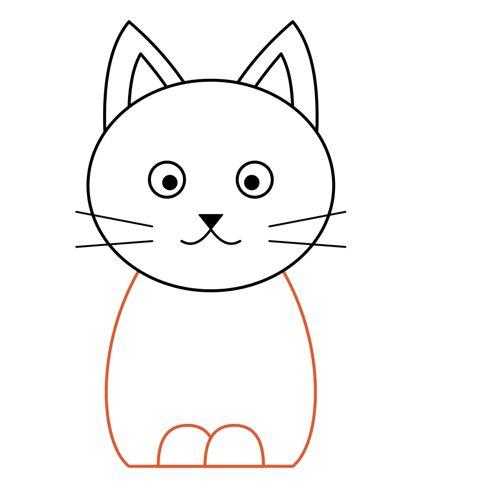 How to draw a cat, step 6: Draw a pear-shaped body and two front paws.
