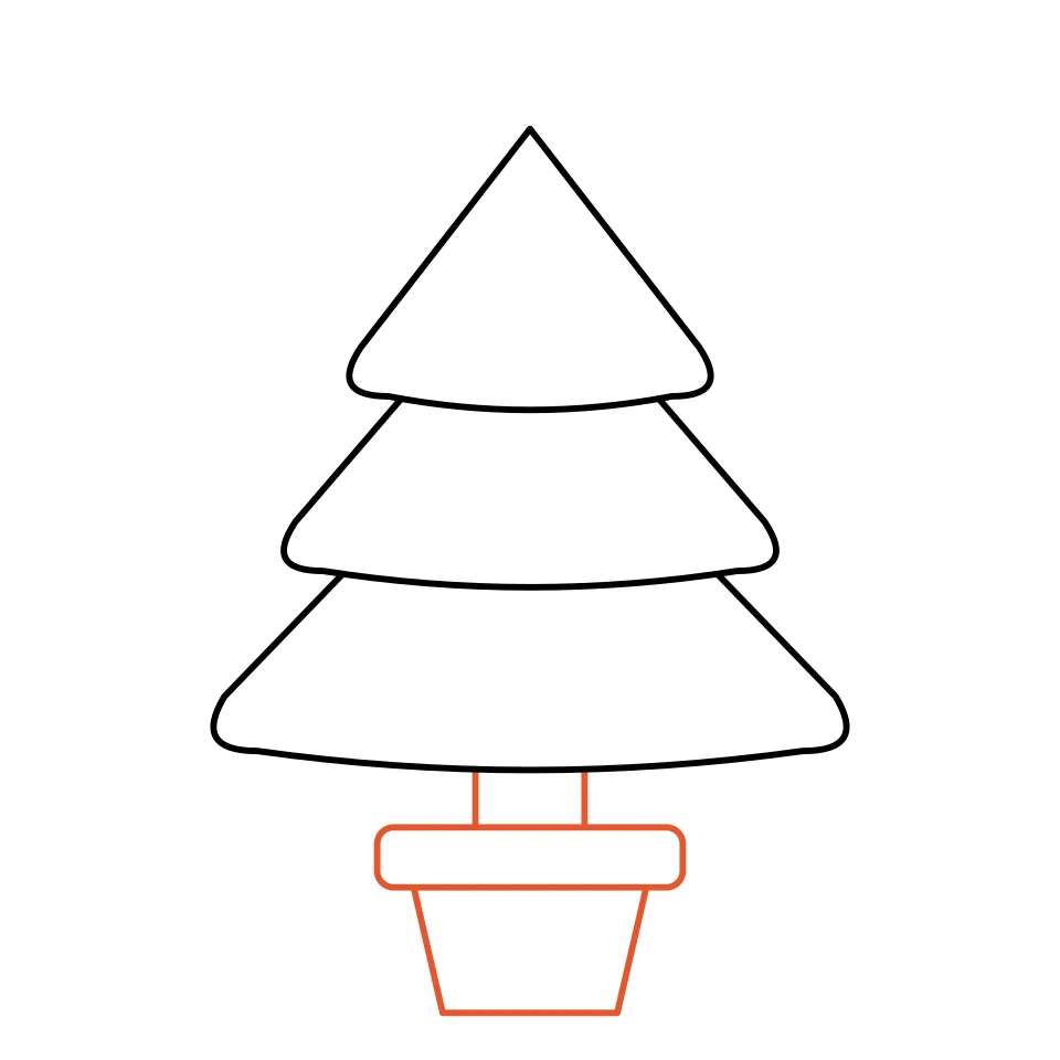 How to draw a christmas tree, step 3: Add a short trunk and a flower pot.