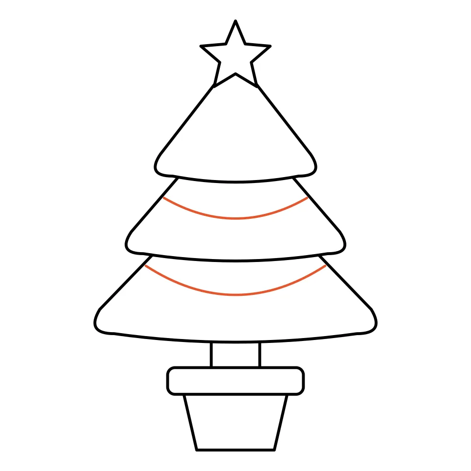 How to draw a christmas tree, step 5: Swoop two garlands across the tree.