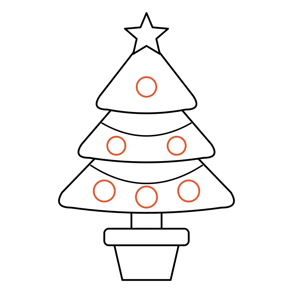 How to draw a christmas tree, step 6: Hang six round ornaments.