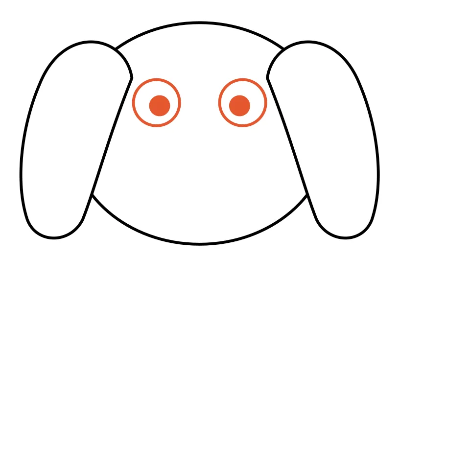 How to draw a dog, step 3: Draw two big round eyes with pupils.