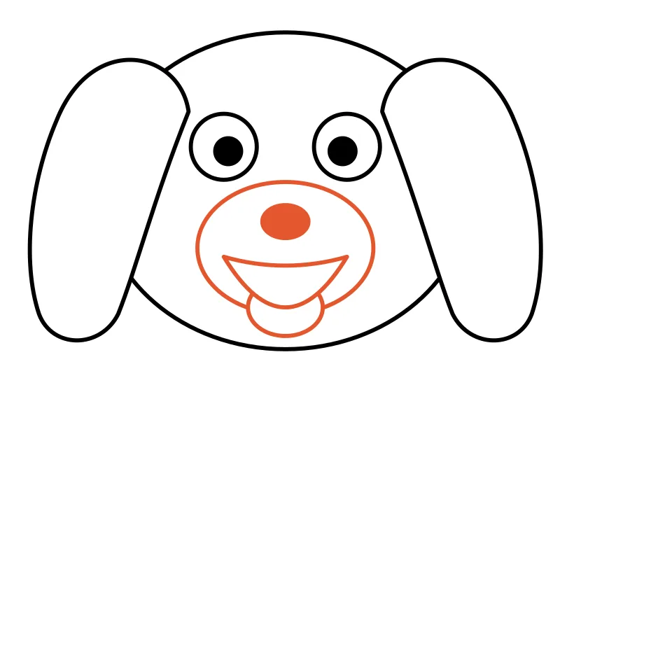 How to draw a dog, step 4: Add a muzzle, a button nose and a happy open mouth with a tongue.