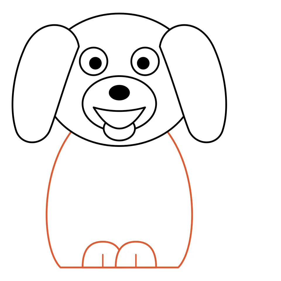 How to draw a dog, step 5: Draw a stout body and two front paws together.