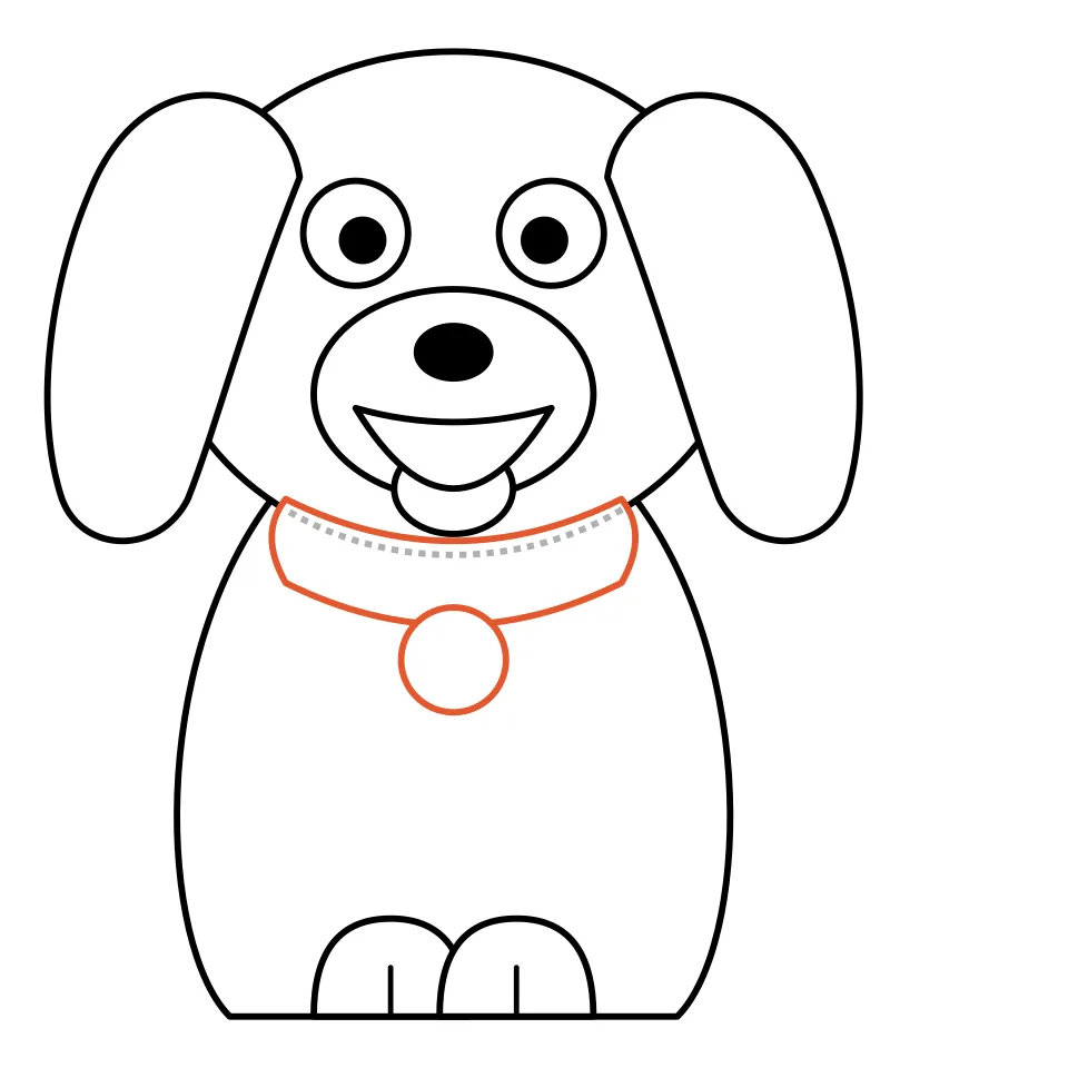 How to draw a dog, step 6: Add a collar with a round tag.