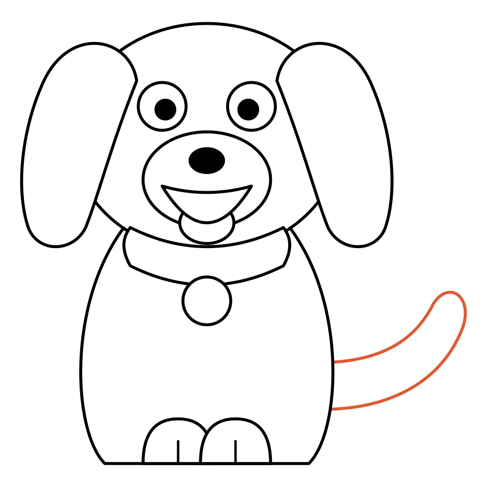 How to draw a dog, step 7: Finish with a wagging tail curling up.
