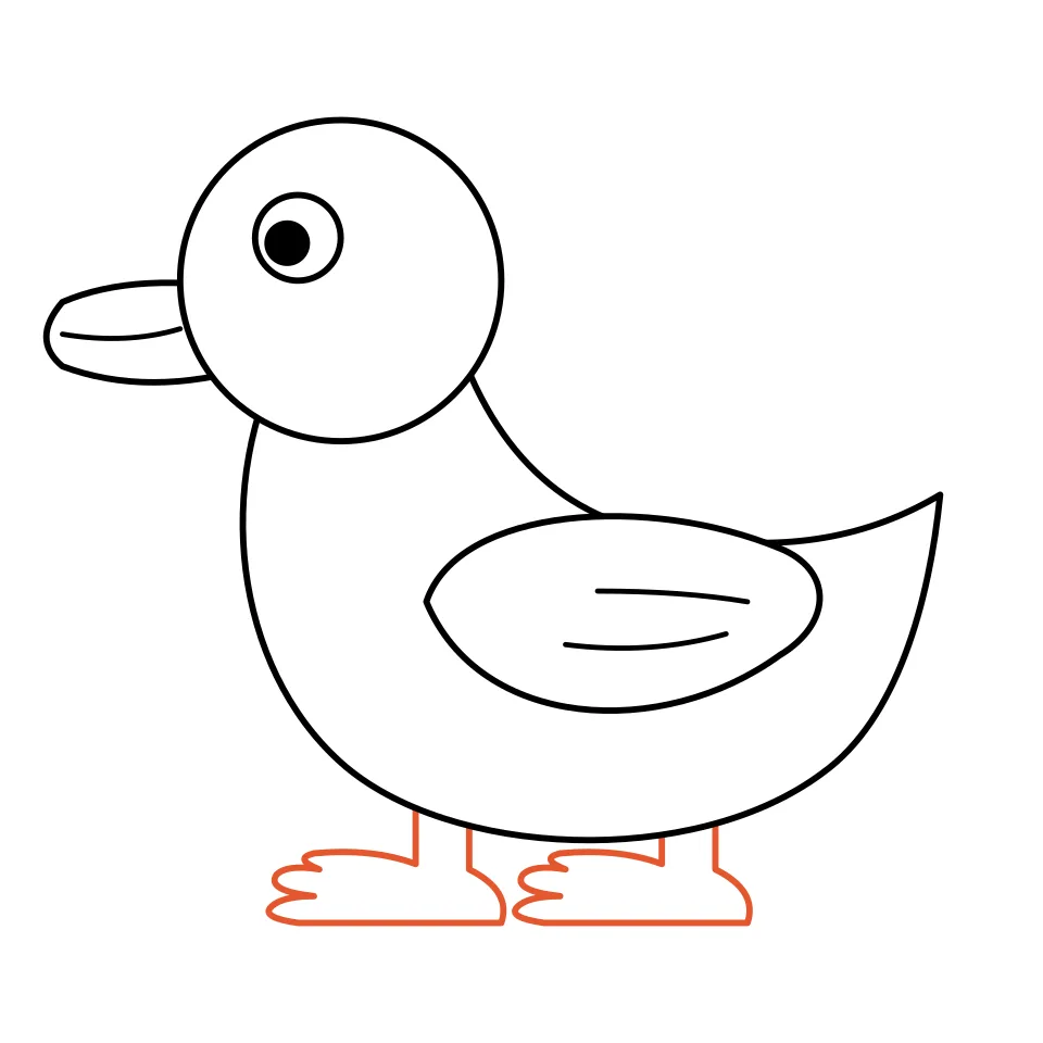 How to draw a duck, step 6: Add two short legs with webbed feet.