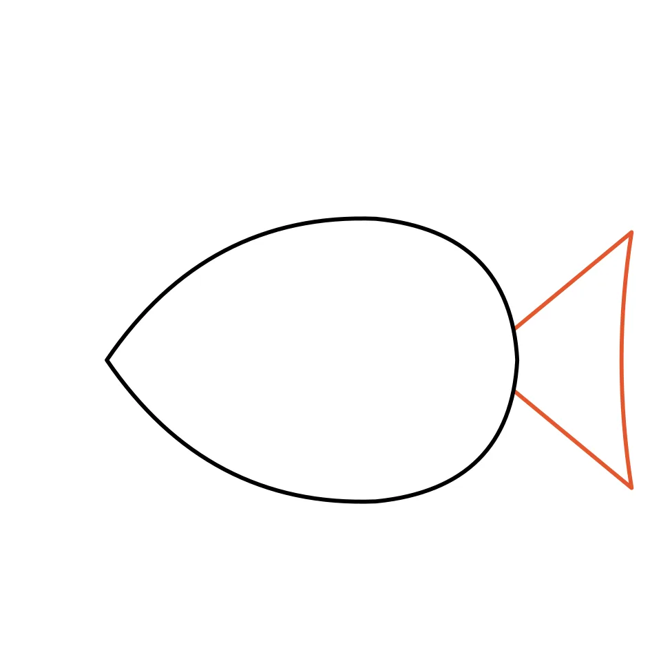 How to draw a fish, step 2: Add a big triangle tail at the back.
