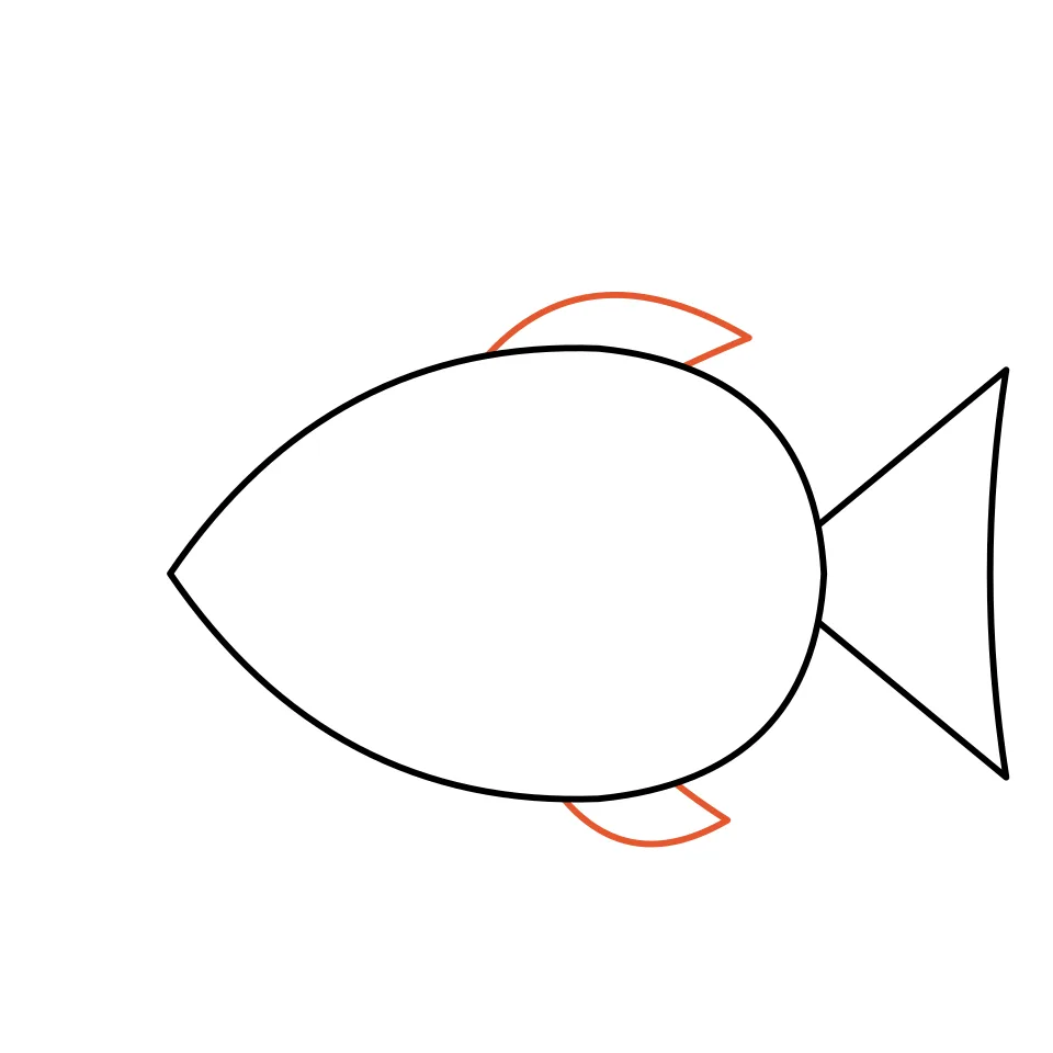 How to draw a fish, step 3: Draw a fin on top and one underneath.
