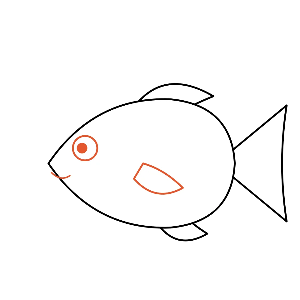 How to draw a fish, step 4: Add a side fin, a round eye with a pupil, and a smiling mouth.