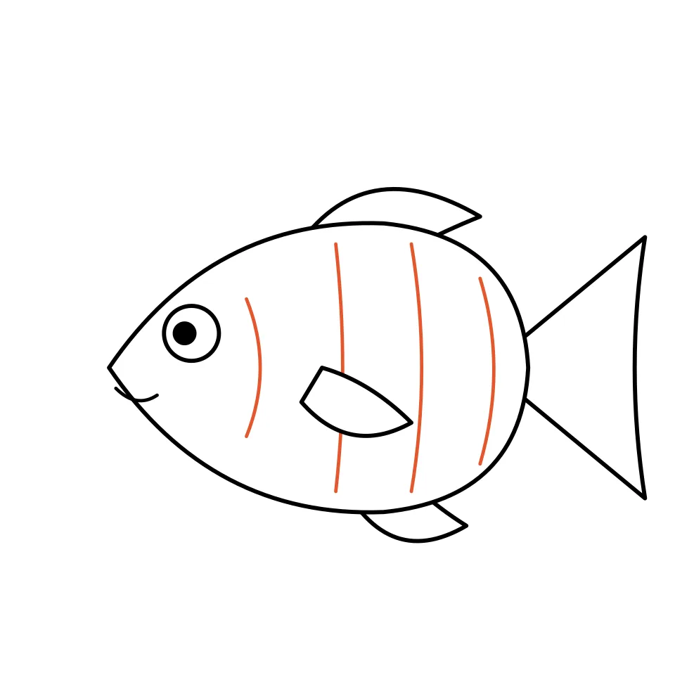 How to draw a fish, step 5: Draw a gill line and three curvy stripes.