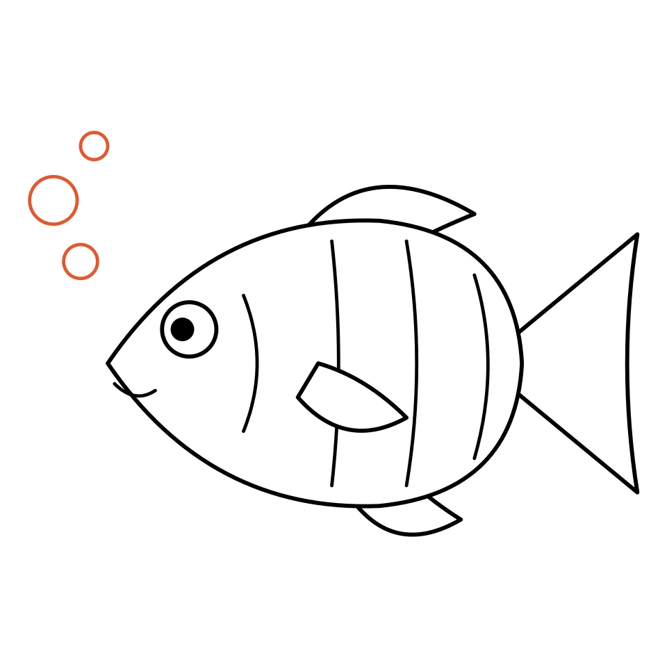 How to draw a fish, step 6: Finish with little bubbles in front of the mouth.