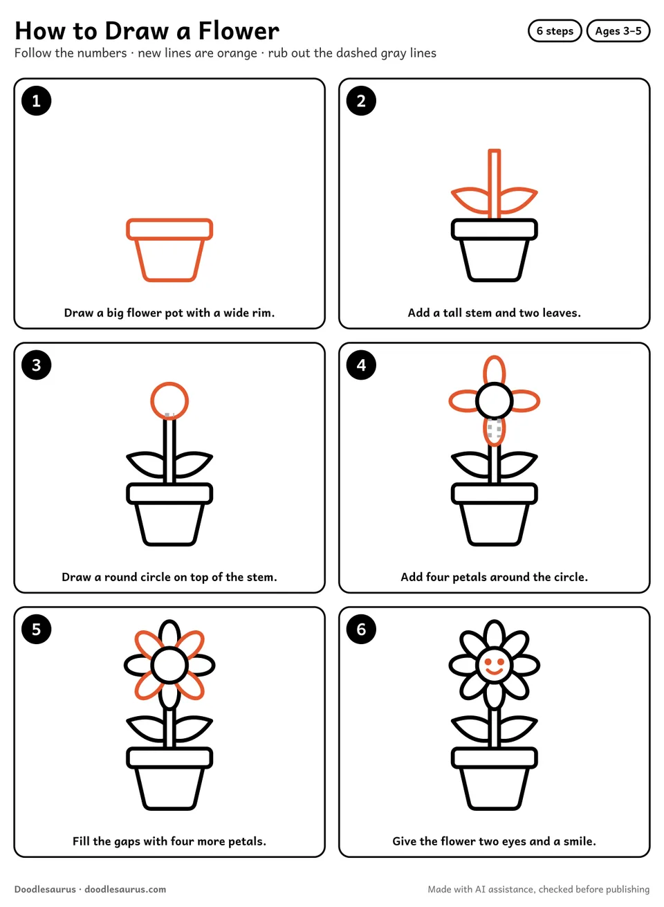 Step-by-step guide to drawing a flower in 6 easy steps. Step 1: Draw a big flower pot with a wide rim. Each later step adds new lines in orange.