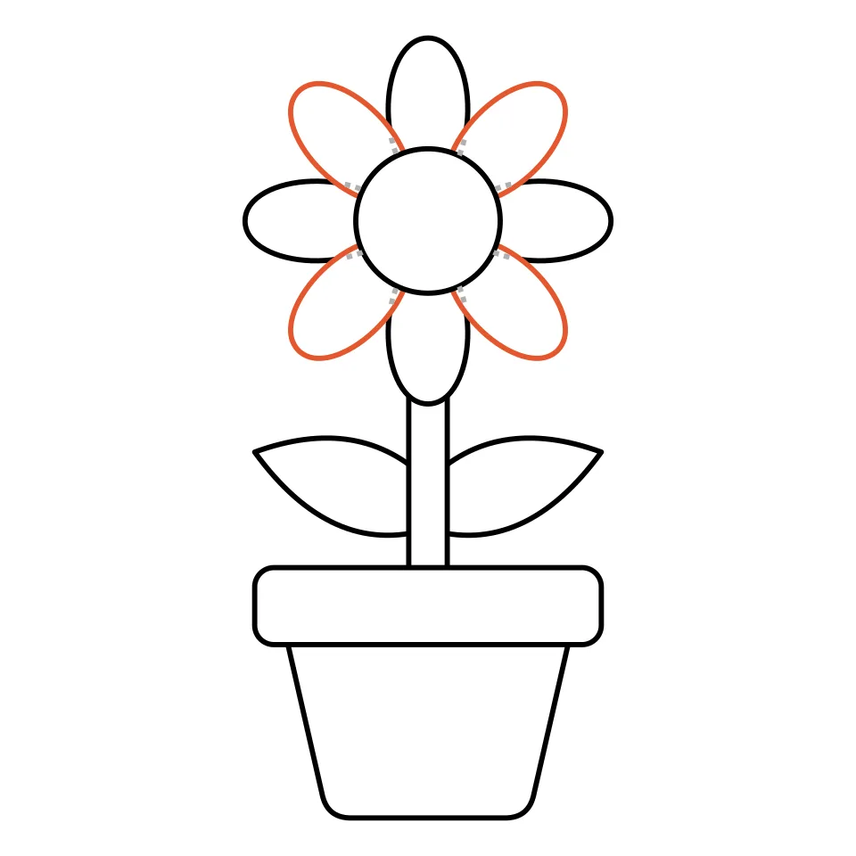 How to draw a flower, step 5: Fill the gaps with four more petals.