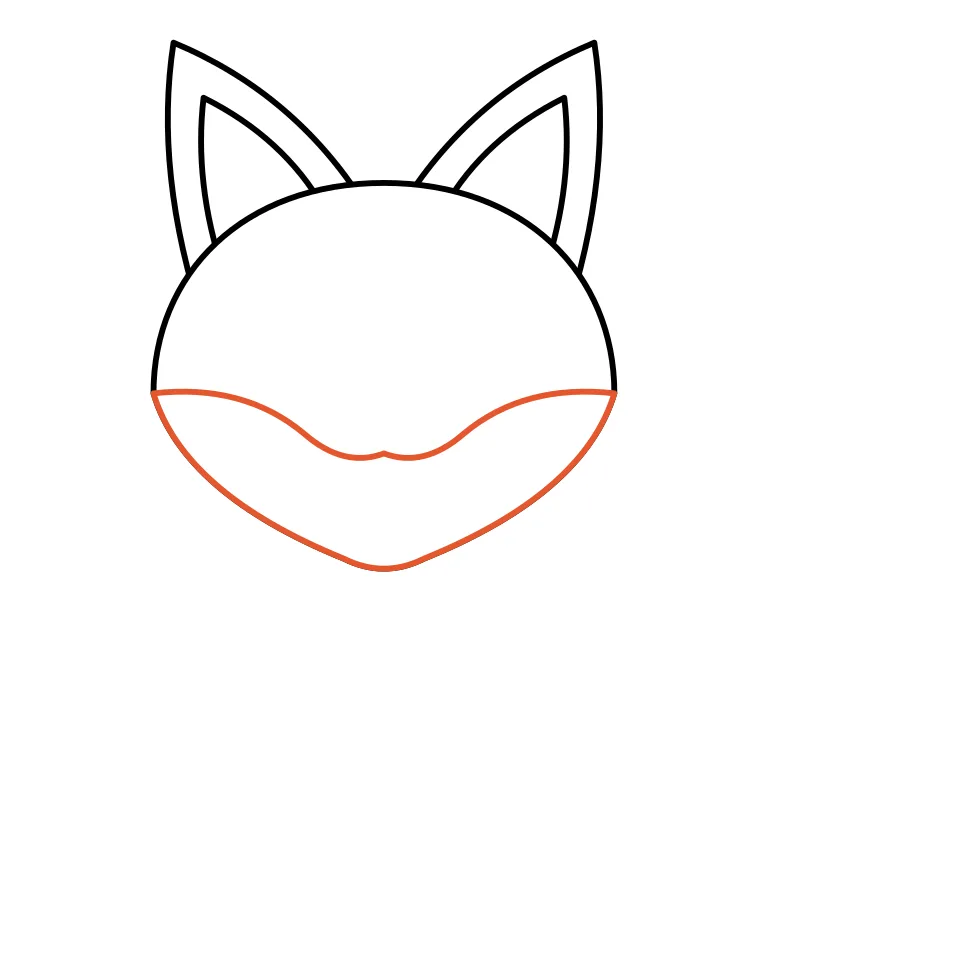 How to draw a fox, step 3: Add white cheeks down to the chin.
