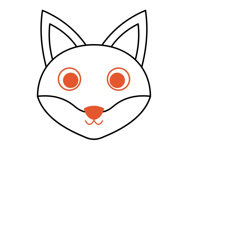 How to draw a fox, step 4: Draw big eyes, a nose and a smile.