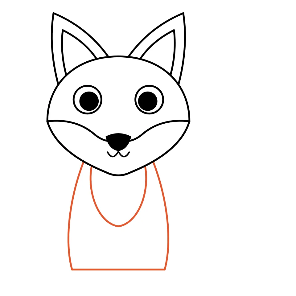 How to draw a fox, step 5: Draw a slim body with a white chest.