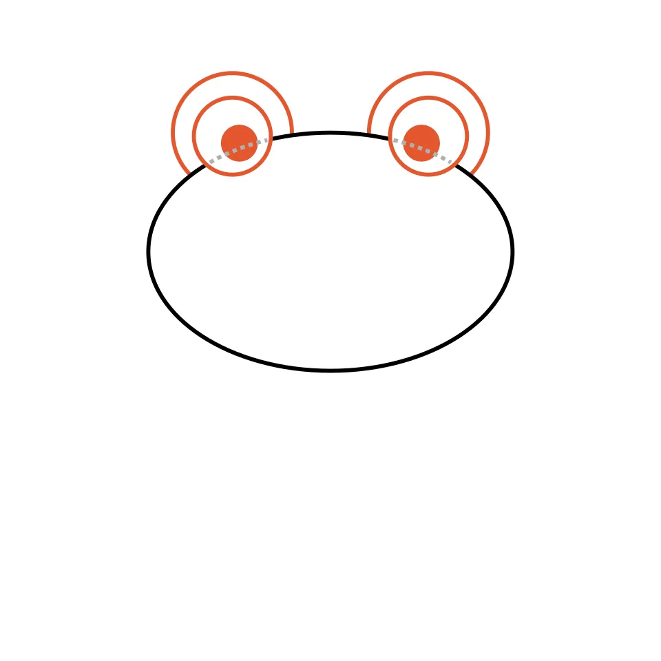 How to draw a frog, step 2: Add two big round eyes on top of the head.