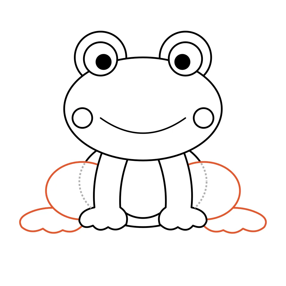 How to draw a frog, step 6: Draw two bent back legs and big flat feet.