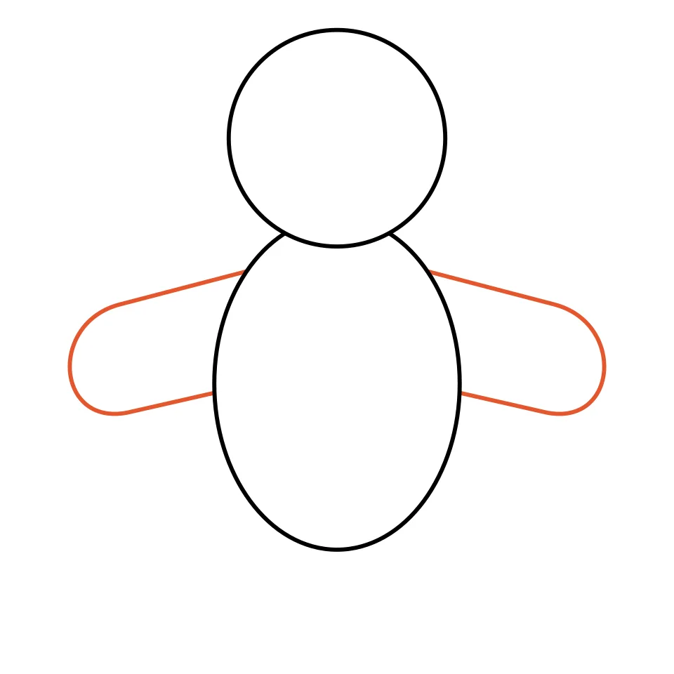 How to draw a gingerbread man, step 2: Draw two chunky arms with round ends.