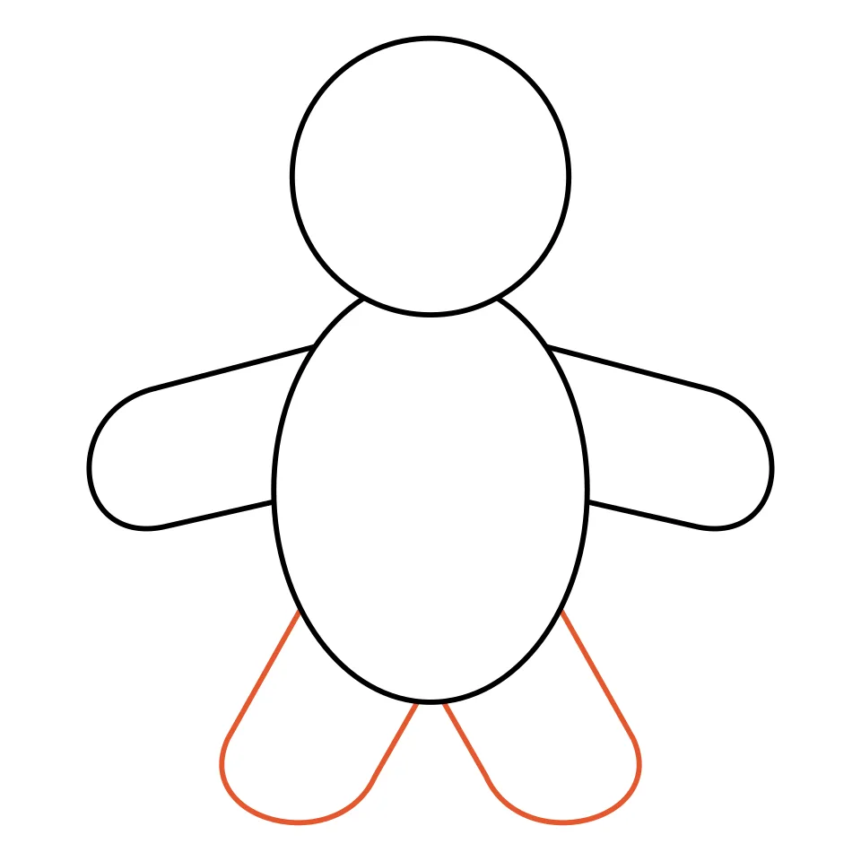 How to draw a gingerbread man, step 3: Add two short legs with round feet.