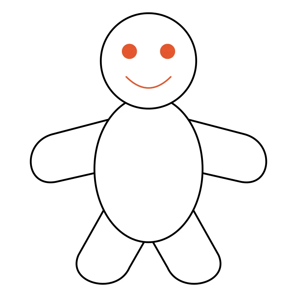 How to draw a gingerbread man, step 4: Give him dot eyes and a big smile.