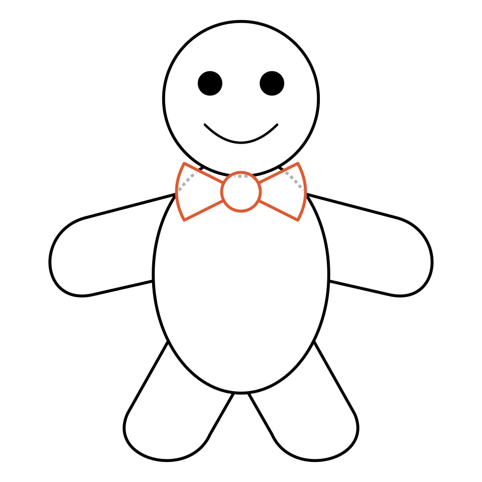 How to draw a gingerbread man, step 5: Add a bow tie under his chin.