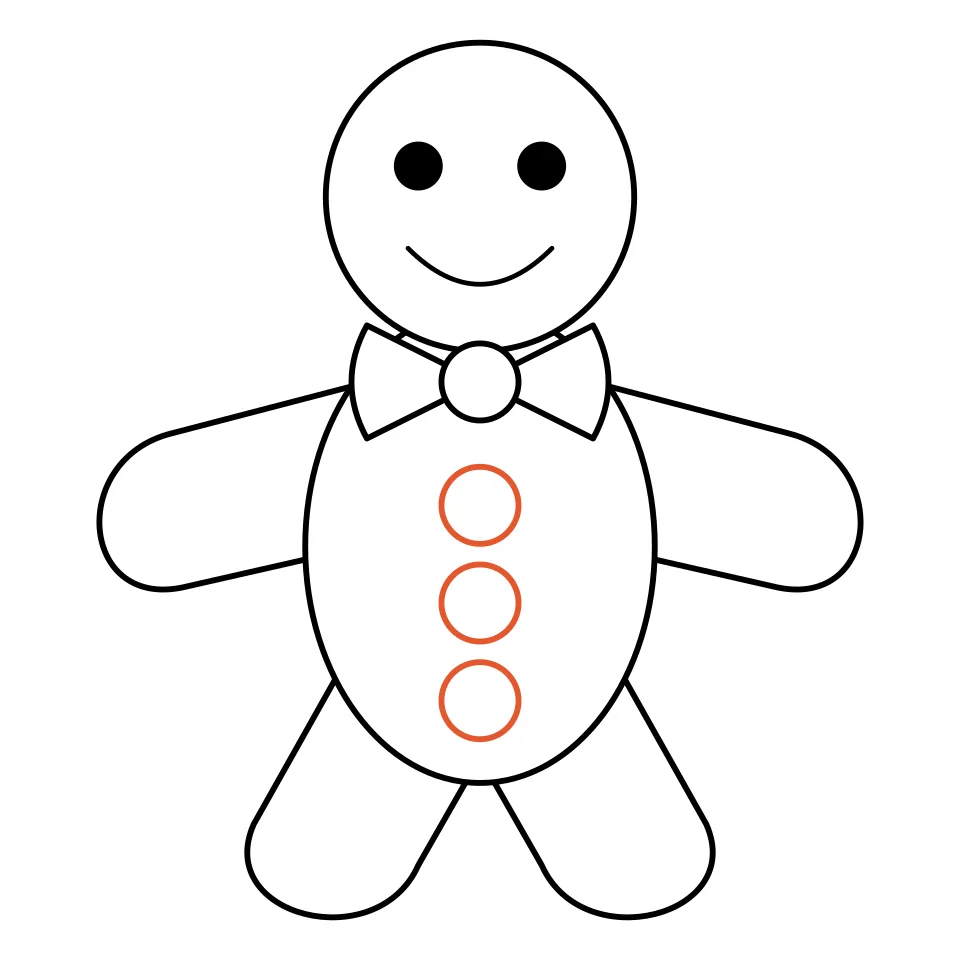 How to draw a gingerbread man, step 6: Draw three round buttons.