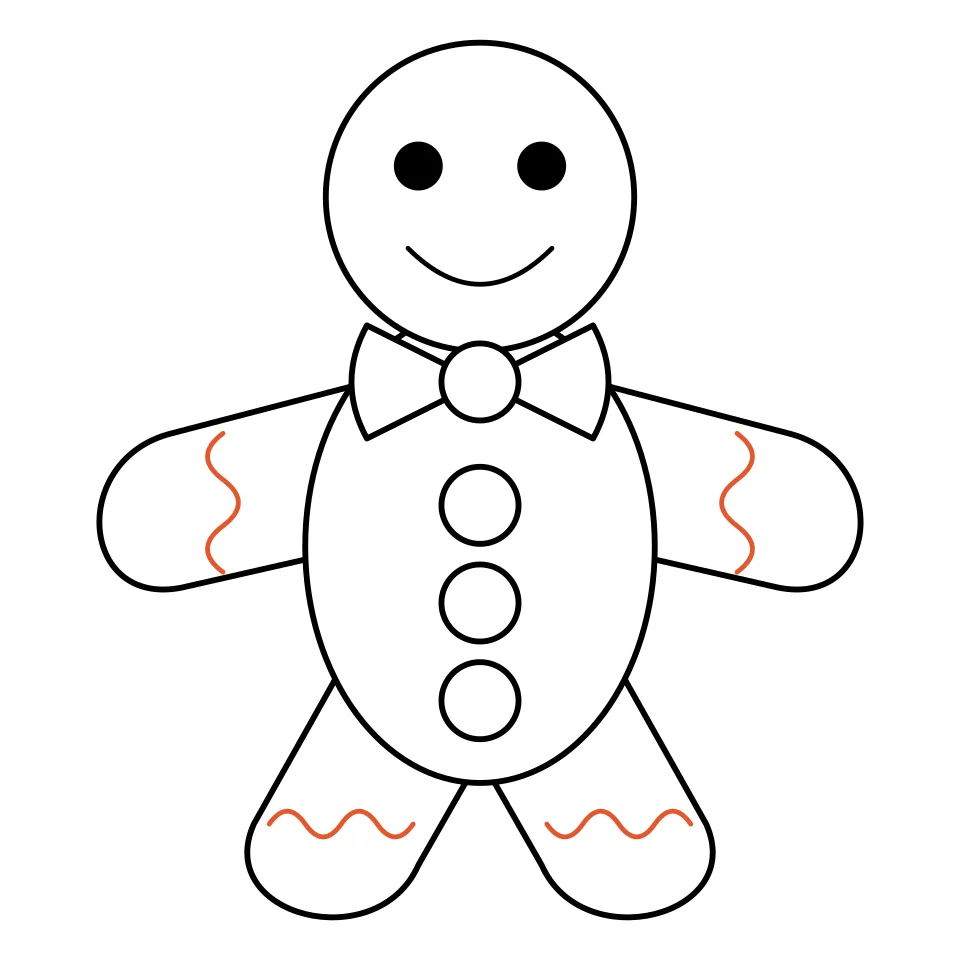 How to draw a gingerbread man, step 7: Finish with wavy icing on arms and legs.