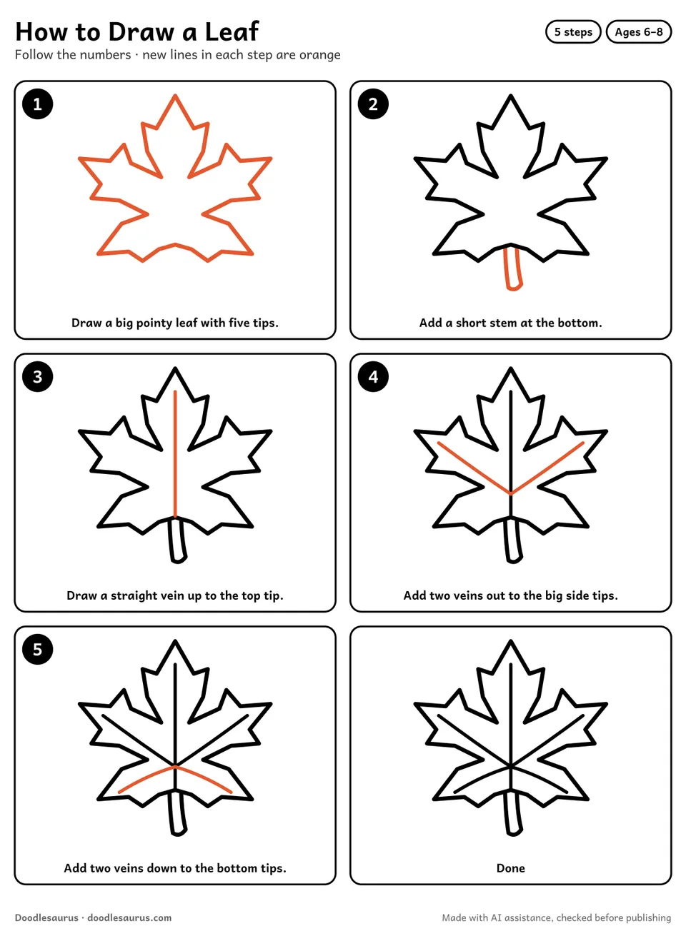 Step-by-step guide to drawing a leaf in 5 easy steps. Step 1: Draw a big pointy leaf with five tips. Each later step adds new lines in orange.