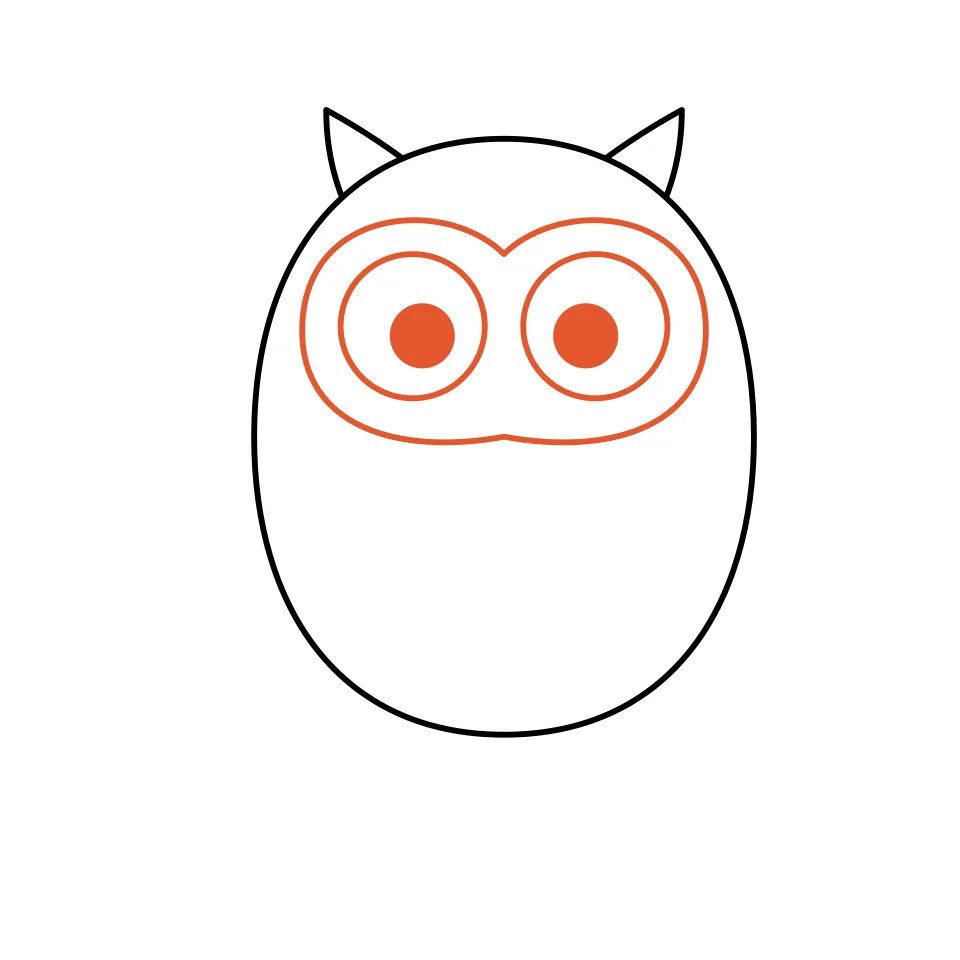 How to draw an owl, step 3: Draw a face mask with two big round eyes.