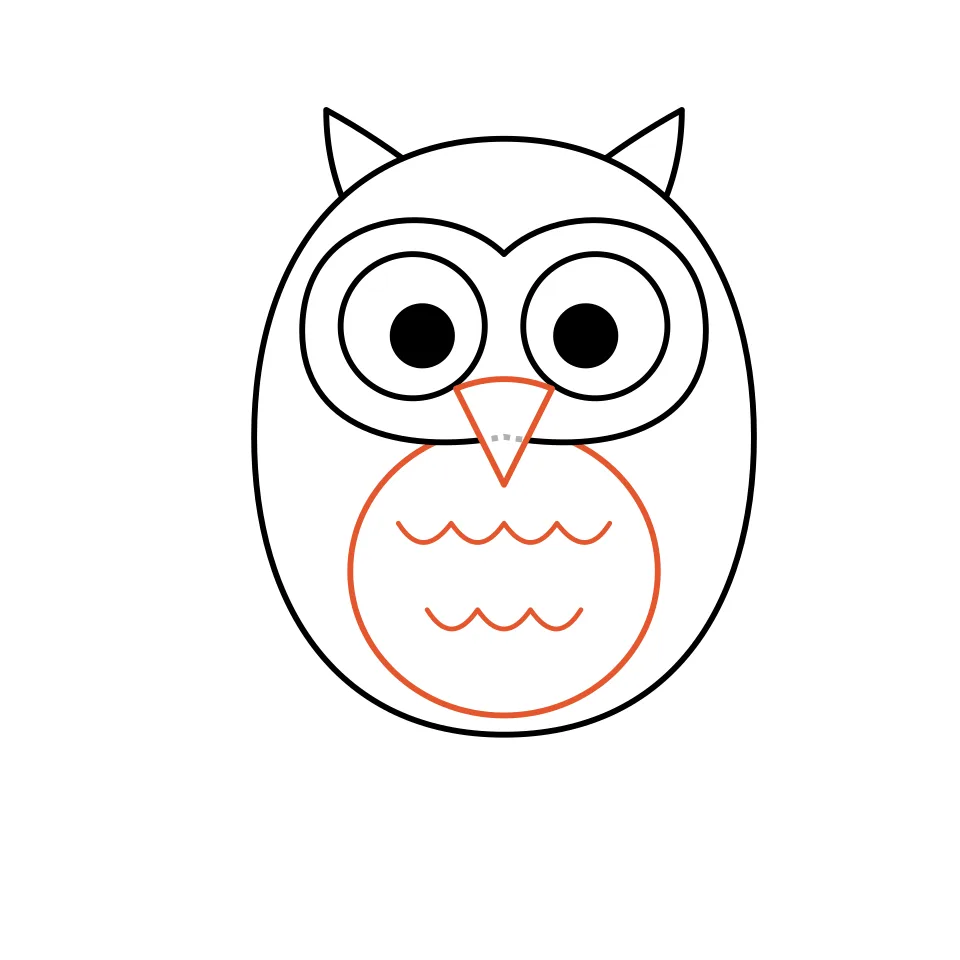 How to draw an owl, step 4: Add a little beak and a round chest with feather bumps.