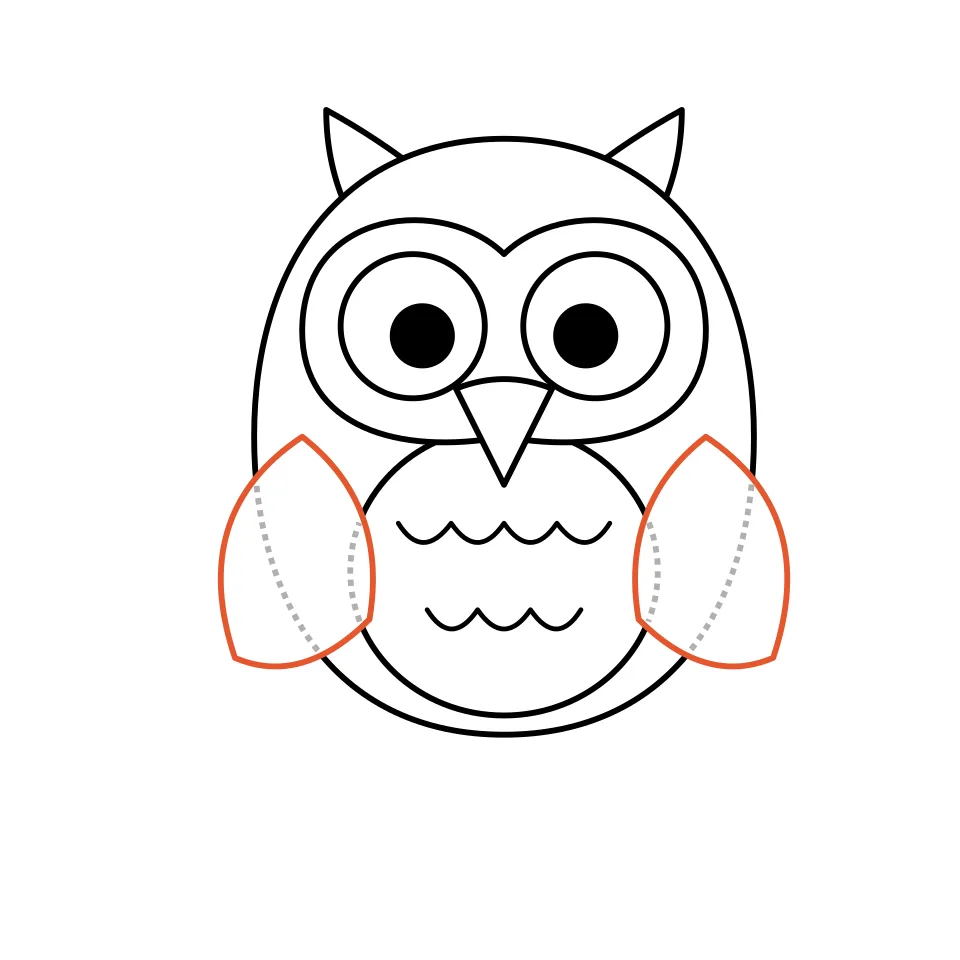 How to draw an owl, step 5: Draw two small wings on the sides.