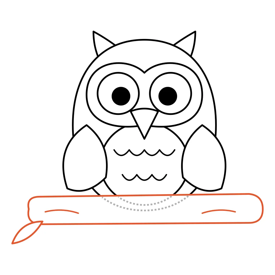 How to draw an owl, step 6: Draw a branch under the owl with a leaf.