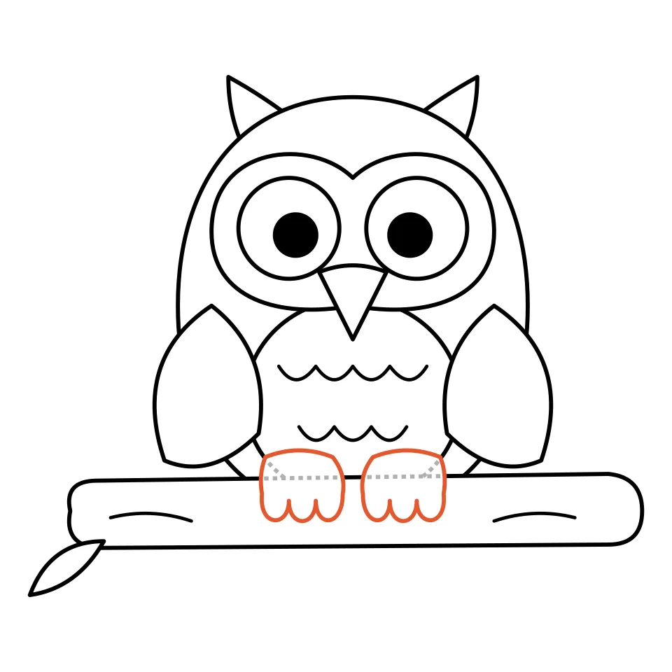How to draw an owl, step 7: Finish with two feet holding on to the branch.