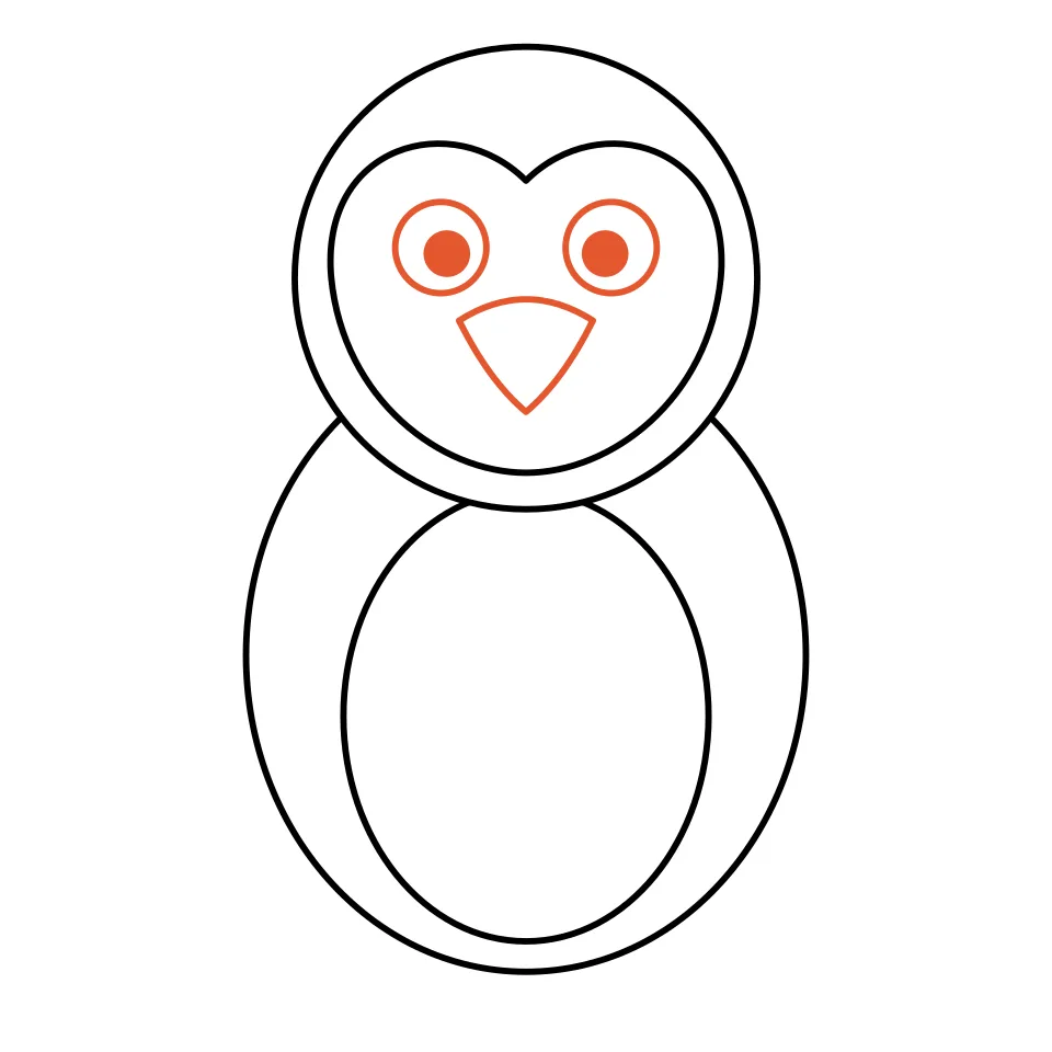 How to draw a penguin, step 4: Add two big eyes and a little beak.