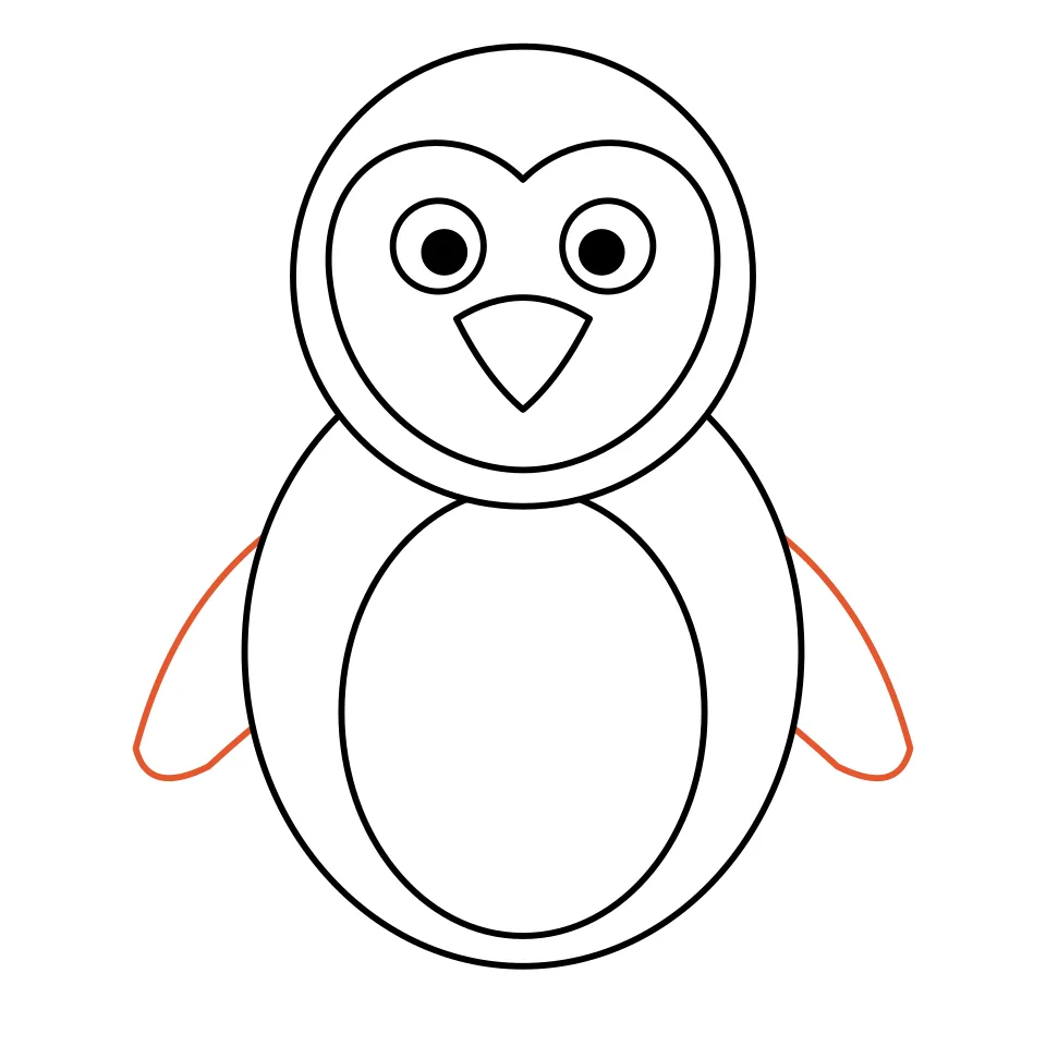 How to draw a penguin, step 5: Draw two flippers on the sides.