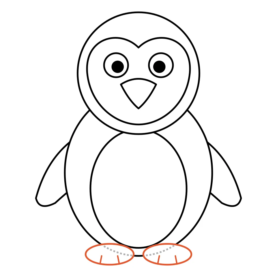 How to draw a penguin, step 6: Add two orange feet with toes.