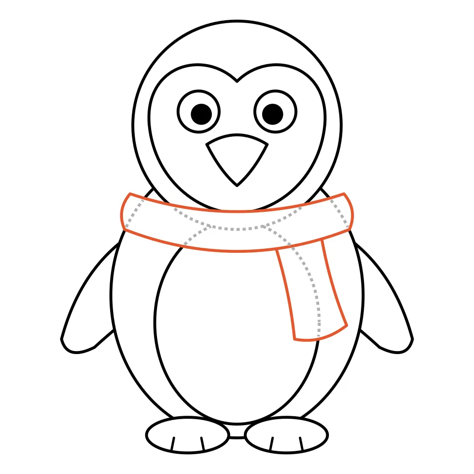 How to draw a penguin, step 7: Finish with a cozy scarf.