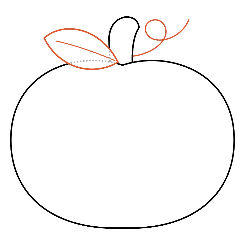 How to draw a pumpkin, step 3: Draw a leaf and a curly vine.