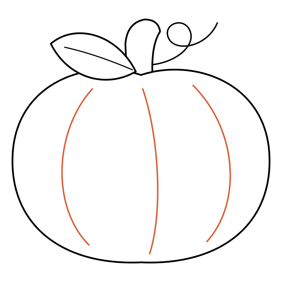 How to draw a pumpkin, step 4: Add three curved lines for the ribs.