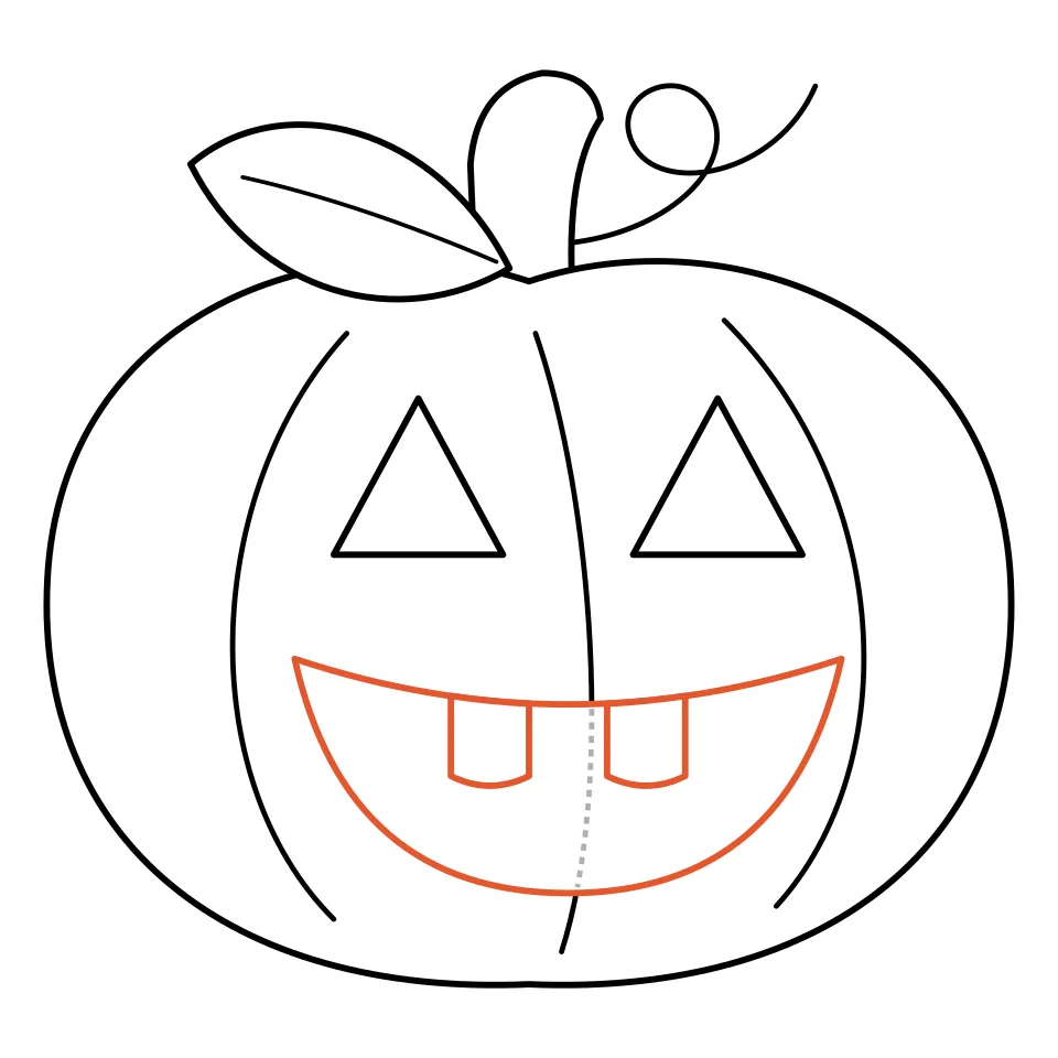 How to draw a pumpkin, step 6: Add a big smile with two teeth.