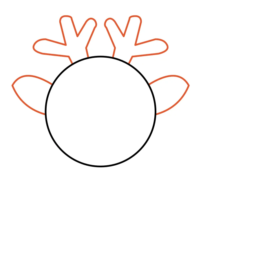 How to draw a reindeer, step 2: Add two floppy ears and two antlers.